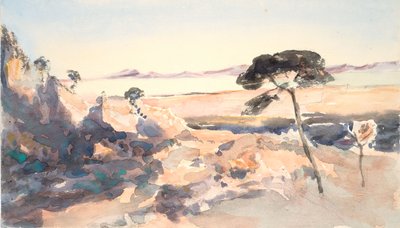 Landschap: Boom met roze bergen door Barbara Leigh Smith Bodichon