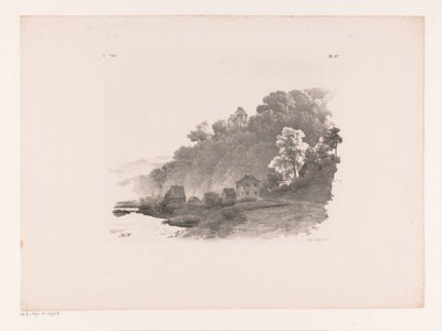 Heuvellandschap met rivier, landweg en huizen door Barend Cornelis Koekkoek