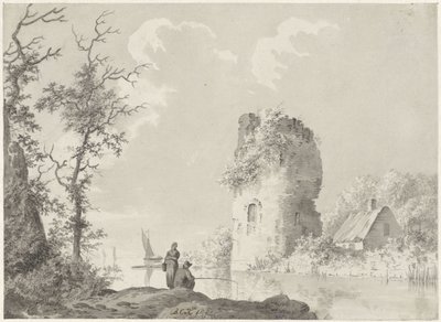 Rivierlandschap met toren en hengelaar door Barend Cornelis Koekkoek