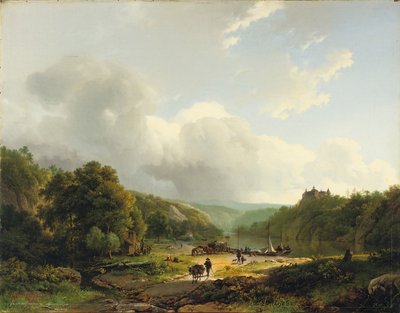 Lossen van de schuit in een golvend landschap, 1831 door Barend Cornelis Koekkoek