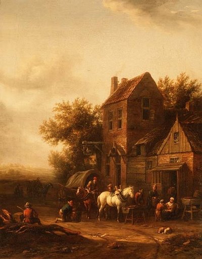 Twee Ruiters bij een Smidse door Barend Gael or Gaal