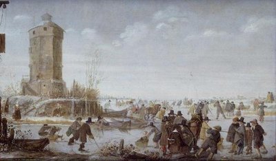 Schaatsers en elegante figuren met paardensleeën op een bevroren rivier bij een toren door Barent Avercamp