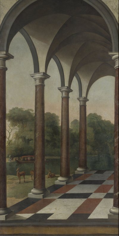 Zuilenrij die uitgeeft op een park door Barent Fabritius