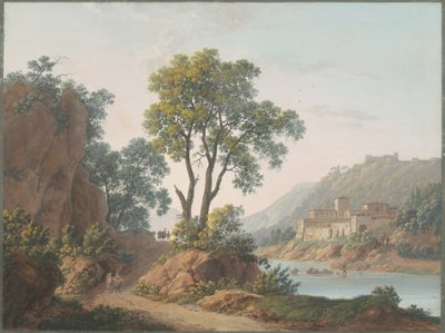 Rivierlandschap met kastelen en reizigers door Baron Louis Albert Guillain Bacler d