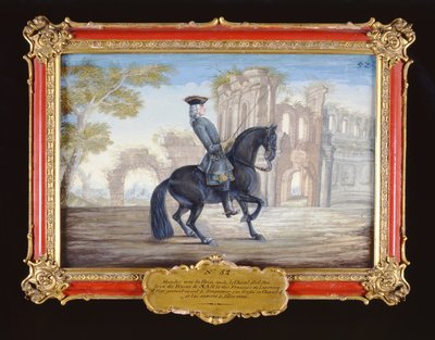 Nr. 52 Le Bienvenu, een donkerbruin paard van de Spaanse Rijschool dat een dressuurbeweging uitvoert door Baron Reis Eisenberg