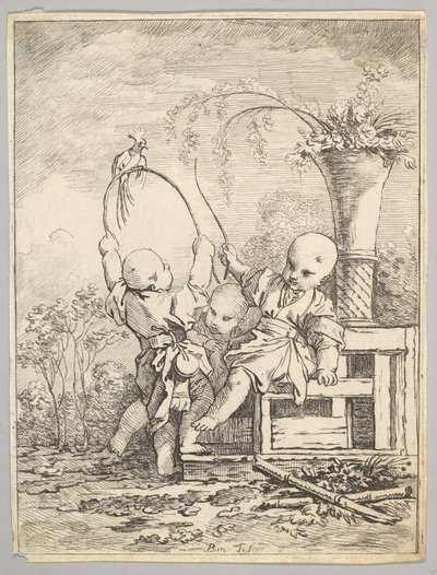 Chinese kinderen spelen met een papegaai, 1760-70 door Baron de Thiers Louis Antoine Crozat