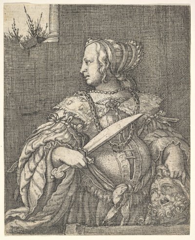 Judith, halflang en in profiel naar links, een zwaard in haar rechterhand en het hoofd van Holofernes door Barthel Beham
