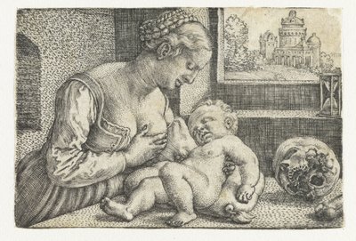 Maria met kind aan borst en schedel door Barthel Beham