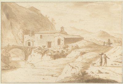 Heuvelachtig landschap met een kapel bij een brug door Bartholomeus Appelman