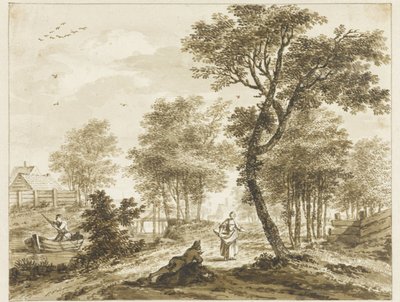 Landschap met figuren en links een man in een punter door Bartholomeus Barbiers