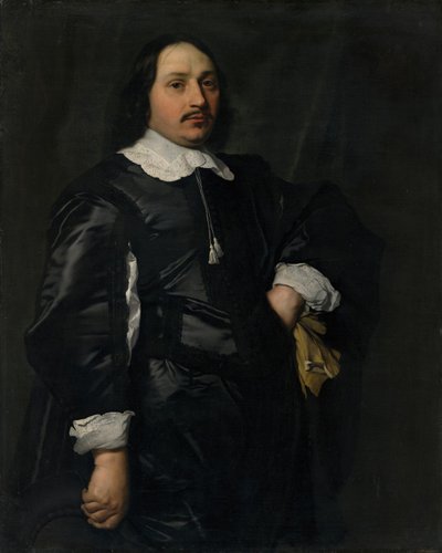 Portret van een heer in een zwart satijnen wambuis door Bartholomeus van der Helst
