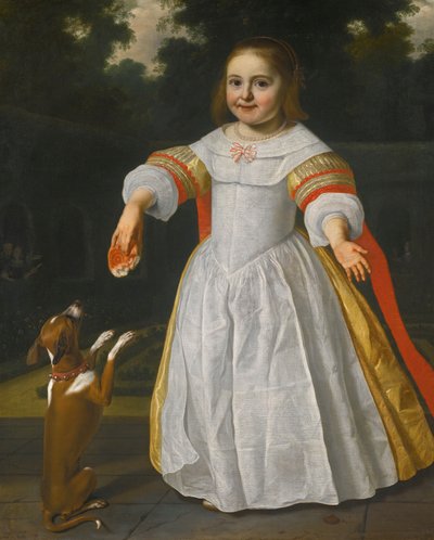 Portret van een meisje met een broodje-bun en een hond door Bartholomeus van der Helst