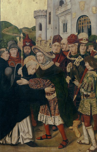 Koning Ferdinand I van Castilië verwelkomt Sint Dominicus van Silos, 1478-1480 door Bartolomé Bermejo
