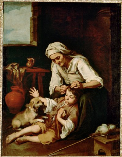 Vieja espulgando a un nino - een oude vrouw die het haar van een jongen poetst ... (schilderij op doek) door Bartolomé Esteban Murillo