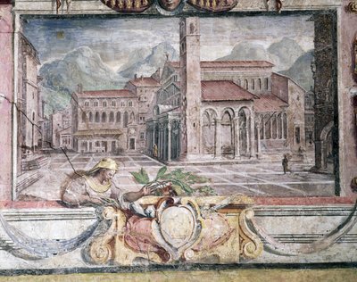 Slaapkamer, detail van fries met steden onder Medici-heerschappij, Pistoia (detail) door Bartolomeo Ammannati