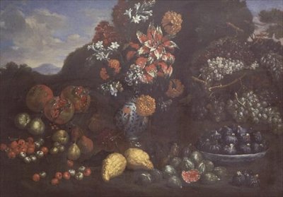 Bloemen in een Maiolica-kan met fruit in een landschap door Bartolomeo Bimbi