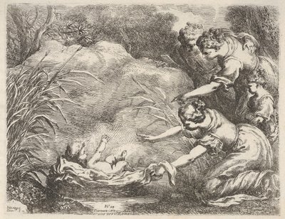 De vondst van Mozes die uit de Nijl wordt gered door de dienstmeisjes van de dochter van de farao door Bartolomeo Biscaino
