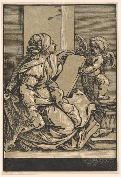 Sibille die een tablet vasthoudt met een gevleugelde putto door Bartolomeo Coriolano