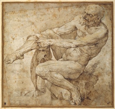 Naakte man die aan zijn kous trekt, naar Marcantonio Raimondi en Michelangelo Buonarroti door Bartolomeo Passarotti