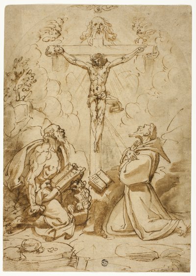 Heiligen Hiëronymus en Franciscus van Assisi die de Drie-eenheid aanbidden door Bartolomeo Passarotti