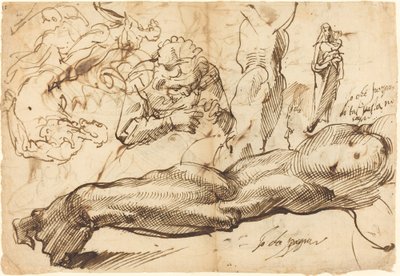 Studies van een Linkerarm, een Jonge Vrouw, een Madonna en Kind, een Gezicht in Profiel, en Naakte Figuren door Bartolomeo Passarotti