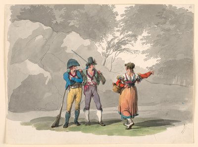 Een Vrouw en Twee Mannen met Geweren. Kostuums van het Koninkrijk Napels door Bartolomeo Pinelli