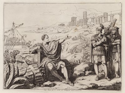Gaius Marius zittend tussen de ruïnes van Carthago (ets) door Bartolomeo Pinelli