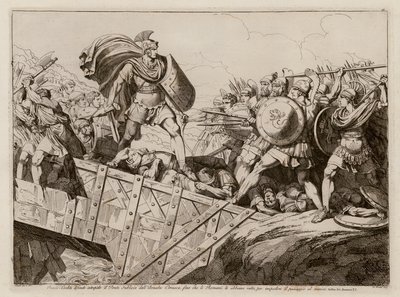 Horatius Cocles verdedigt de Pons Sublicius, 509 BC (ets) door Bartolomeo Pinelli