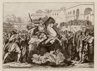 Sacrificale dood van Marcus Curtius (ets) door Bartolomeo Pinelli