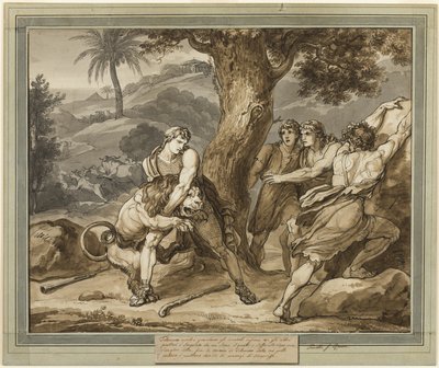 Telemachus vecht tegen de leeuw, uit De avonturen van Telemachus, Boek 2 door Bartolomeo Pinelli