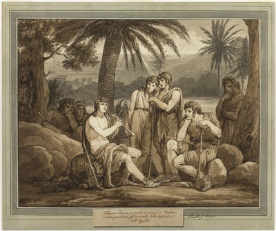 Telemachus speelt en zingt voor de herders in Egypte, uit De avonturen van Telemachus, Boek 2 door Bartolomeo Pinelli