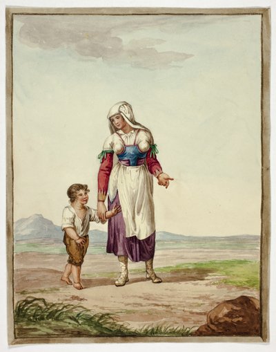 Vrouw in klederdracht met jongen op de weg door Bartolomeo Pinelli