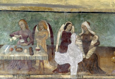 Allegorische scène, detail uit de cyclus die de Cavalcade van Ondeugden en Deugden uitbeeldt, ca. 1490, door Bartolomeo Serra en Sebastiano Serra, fresco, St. Stefanuskapel, Giaglione, Piemonte, Italië door Bartolomeo and Serra Sebastiano Serra