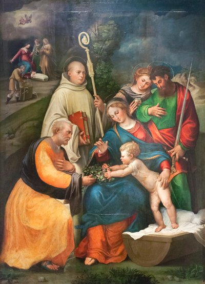 Heilige Familie met de heiligen Benedictus, Paulus en Magdalena door Bartolomeo called Bagnacavallo Ramenghi