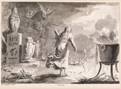 Medea. Een vrouw van achteren gezien, tussen reptielen, halfwezens, een heksenketel en Egyptische godenbeelden, schrijft 