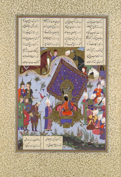Rustam bedroefd voor Kai Kavus, Folio 146r uit het Shahnama Boek der Koningen..., ca. 1525-30 door Bashdan Qara