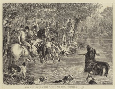 Hertenjacht in Surrey, het vangen van het hert, Shackleford Pond door Basil Bradley