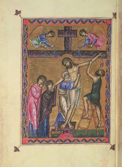 De Kruisafneming, fol. 8b uit MS Egerton 1139, de Psalter van Koningin Melisende, Jeruzalem door Basilius Basilius