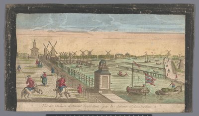 Gezicht op de Hogesluis naar de Buiten-Amstel, de Amsteldijk en de molens aan de Zaagmolensloot te Amsterdam door Basset