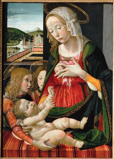 Madonna die het kindje Jezus verzorgt, omringd door engelen ... (schilderij op hout) door Bastiano Mainardi