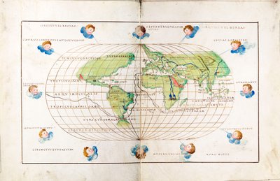 Ovale planisfeer van de wereld met de route van Magellan door Battista Agnese