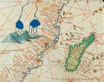 De Indische Oceaan en een deel van Azië en Afrika: bron van de Nijl en Madagaskar, uit Atlas van de Wereld in drieëndertig Kaarten, door Battista Agnese door Battista Agnese