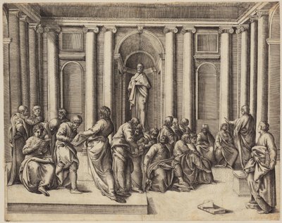Zwölfjähriger Jesus diskutiert mit den Tempelgelehrten door Battista Franco
