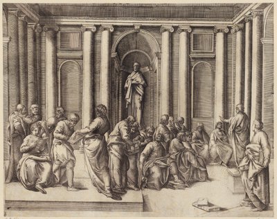 Zwölfjähriger Jesus diskutiert mit den Tempelgelehrten door Battista Franco