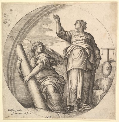 Kracht en gerechtigheid, een allegorische compositie in ronde vorm, met kracht, ca. 1530-61 door Battista Franco Veneziano