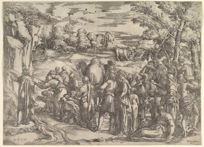 Mozes die Water uit de Rots Haalt, links met stromend water, verschillende figuren door Battista Franco Veneziano