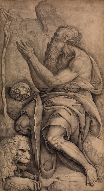 Sint Hiëronymus knielend voor een kruisbeeld, met een schedel en leeuw, ca. 1550-60 door Battista Franco Veneziano