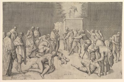 De Filistijnen plaatsen de Ark van het Verbond in de Tempel van Dagon, ca. 1540 door Battista Franco Veneziano