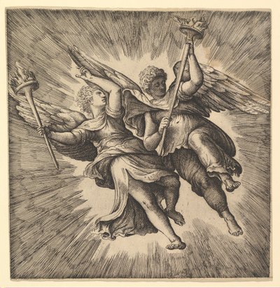 Twee engelen of gevleugelde genii die fakkels dragen door Battista Franco Veneziano