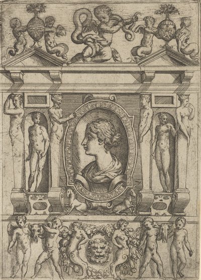 Buste van een vrouw in profiel naar links, in een sierlijk kader met figuren, ca. 1540-80 door Battista del Moro